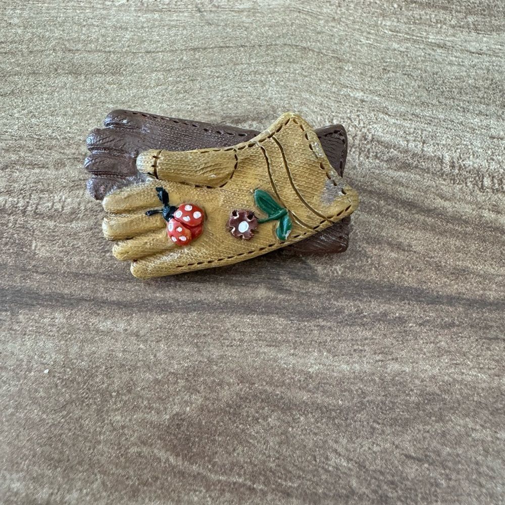 Handmade Hand Painted Gardeners Gloves Brooch Pin Gardening Ladybugs Nature